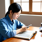 A young adult, fully clothed in modest and appropriate casual attire, comfortably seated at a sleek wooden desk in a modern, sunlit study. They are focused on a Japanese textbook and a digital tablet displaying Japanese characters, with a cup of tea nearby. The scene conveys a sense of peaceful concentration and enjoyment of learning. Perfect anatomy, correct proportions, natural pose, well-formed hands, proper finger count, natural body proportions. Safe for work, appropriate content, fully clothed, family-friendly, professional photography, high quality, studio lighting.