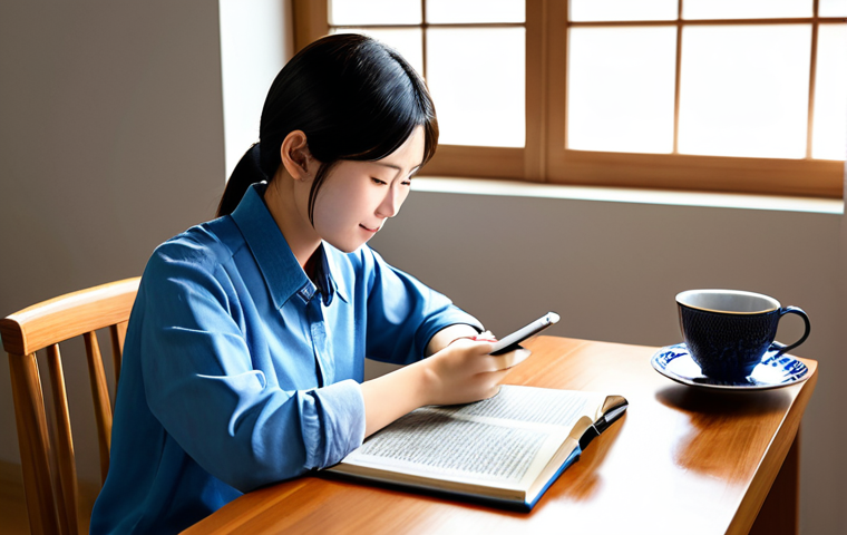 A young adult, fully clothed in modest and appropriate casual attire, comfortably seated at a sleek wooden desk in a modern, sunlit study. They are focused on a Japanese textbook and a digital tablet displaying Japanese characters, with a cup of tea nearby. The scene conveys a sense of peaceful concentration and enjoyment of learning. Perfect anatomy, correct proportions, natural pose, well-formed hands, proper finger count, natural body proportions. Safe for work, appropriate content, fully clothed, family-friendly, professional photography, high quality, studio lighting.