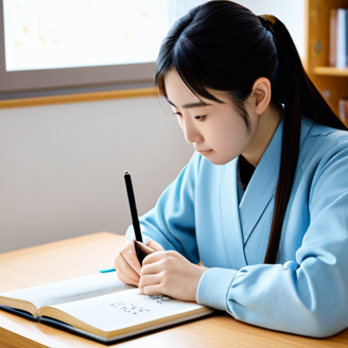 Home 13 A focused young adult, fully clothed in modest, comfortable attire, diligently studying Japanese characters in a well-lit, minimalist study room. They are seated at a wooden desk, writing Hiragana and Katakana in a notebook with a pen, with a tablet displaying a language learning app beside them. The background is softly blurred, showing a neatly organized bookshelf. The image emphasizes clarity and a peaceful learning atmosphere. Perfect anatomy, correct proportions, natural pose, well-formed hands, proper finger count, natural body proportions, professional photography, high quality, safe for work, appropriate content, fully clothed, professional.