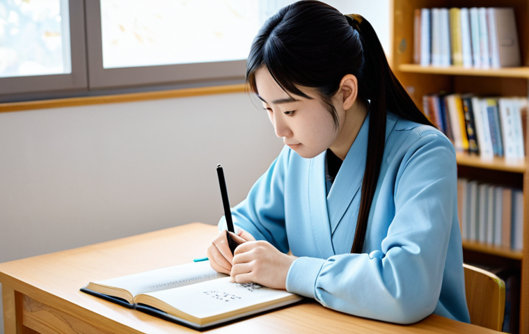 A focused young adult, fully clothed in modest, comfortable attire, diligently studying Japanese characters in a well-lit, minimalist study room. They are seated at a wooden desk, writing Hiragana and Katakana in a notebook with a pen, with a tablet displaying a language learning app beside them. The background is softly blurred, showing a neatly organized bookshelf. The image emphasizes clarity and a peaceful learning atmosphere. Perfect anatomy, correct proportions, natural pose, well-formed hands, proper finger count, natural body proportions, professional photography, high quality, safe for work, appropriate content, fully clothed, professional.