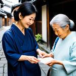 일본어 회화 필수 표현 - "A friendly Japanese grandmother helping a lost tourist with a map in a Kyoto alleyway, fully clothe...