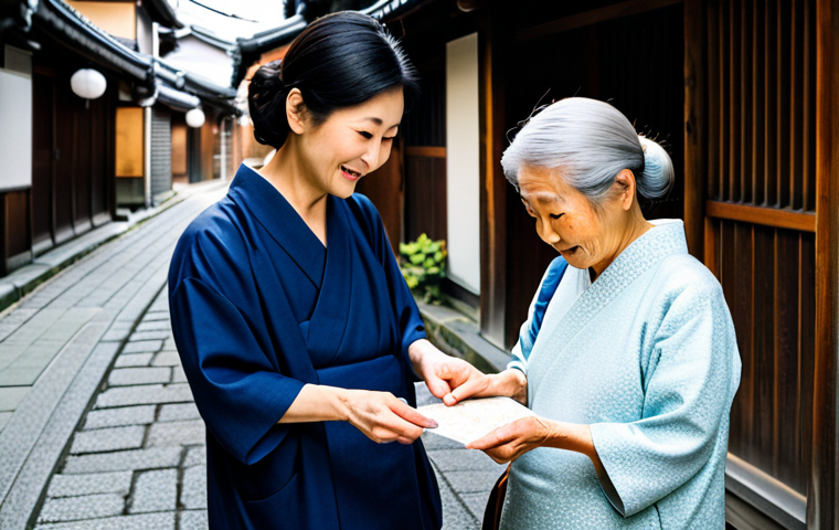 일본어 회화 필수 표현 - "A friendly Japanese grandmother helping a lost tourist with a map in a Kyoto alleyway, fully clothe...